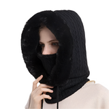 Women's Winter Hooded Fur Cap Set: Knitted Cashmere, Windproof Balaclava, Thick Plush Beanie