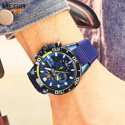 MEGIR Men's Luxury Silicone Strap Sports Watch: Waterproof Chronograph