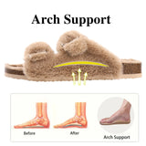 Women's Fluffy Slide Sandals with Cork Footbed, Fuzzy Open Toe House Shoes, Adjustable Indoor Slippers with Arch Support