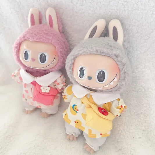 Labubu Doll Yellow Duck & Cherry Shirt Set – 17cm Plush Doll Clothes with Hat and Pants Three-Piece Outfit for Cute Styling
