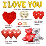 Valentine's Day Decor Set: 56 Red Balloons with "I LOVE YOU" Hug Bear Foil Balloons, Silk Rose Petals - Perfect for Valentine's Day Decor