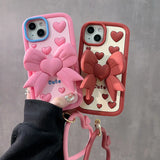 Lovely Pink Bow and Heart Bracelet Stand Case for iPhone Series, from 7/8 Plus to 15 Pro Max