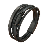 Men's Stylish Multilayer Braided Leather Bracelet – Black with Stainless Steel Magnetic Clasp | Fashion Bangle Jewelry