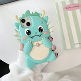 Cute 3D Lucky Dragon with Face and Teeth Silicone Phone Case for iPhone 11, 12, 13, 14, 15 Pro Max