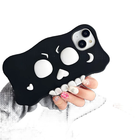 3D Anime Skull with Glowing Teeth Silicone Case for iPhone 11 -15 Pro Max, Cartoon-Style Protective Cover