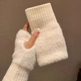 Warm Half Finger Gloves for Women: Luxurious Solid White Mink Fleece, Soft Knitted Fingerless Design, Perfect for Winter