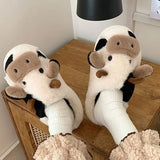 Women's Winter Plush Slippers with Adorable Cow Design, Warm Cotton Indoor Shoes, Fluffy Cartoon Anti-Skid Cloud Slippers for Home