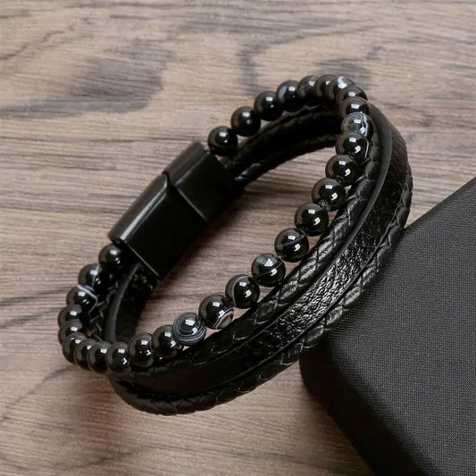 Men's Classic Fashion Leather Bracelet – Multilayer Design with Tiger Eye Beads | Jewelry Gift for Him