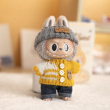 Labubu V1/V2 Party Outfit Set – 17cm Plush Doll Clothes with Bear Label Sweater, Jean Shorts, Scarf & Hat Accessories