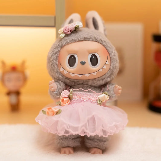 Labubu Idol Doll Wedding Dress – 17cm Rose Butterfly Gown Outfit Accessories for Mini Plush Dolls DIY Gift