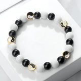 Yin Yang Tai Chi Elastic Bracelet – 8mm Pine Stone & Black Matte Beads | Energy Charm Natural Stone Couples Jewelry