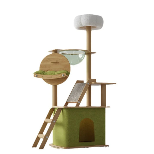 Deluxe Wooden Cat Tree: Large Climbing and Breeding House with Scratching Post, Space Capsule Rack, and Cat Palace