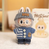 Labubu V1/V2 Party Outfit Set – 17cm Plush Doll Clothes with Bear Label Sweater, Jean Shorts, Scarf & Hat Accessories