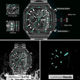 MEGIR Men's Waterproof Black Quartz Watch: Square Dial, Chronograph, Stainless Steel Strap, and Auto Date