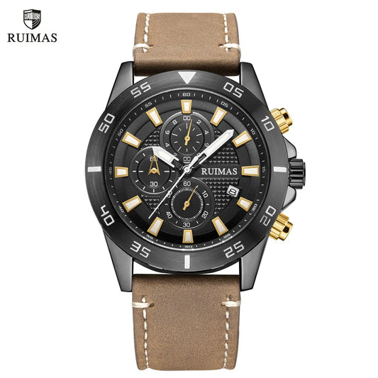 RUIMAS Luxury Brand Men's Quartz Watch: Leather Strap, Waterproof, Sporty Design, Auto Date