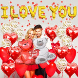 Valentine's Day Decor Set: 56 Red Balloons with "I LOVE YOU" Hug Bear Foil Balloons, Silk Rose Petals - Perfect for Valentine's Day Decor