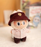 Labubu Doll Plaid Shirt & Stripe Shorts Set – 17cm Plush Fashion Outfit with Hat for Trendy Doll Styling & Cute Accessories Gift