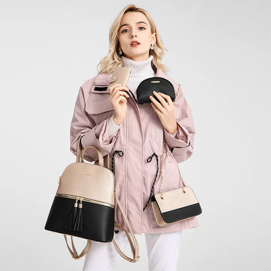 Women's Fashion Backpack Set: Includes Shoulder Crossbody Bag, PU Leather Backpack, Stylish Clutch, and Luxury Card Holder