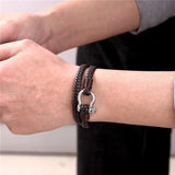 Black Double-Layer Braided Leather Bracelet – Stainless Steel Horseshoe with Detachable Screw Clasp | Unisex Wristband Jewelry