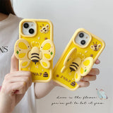 Lovely 3D Bee with Wings Holder Silicone Case for iPhone 11-14 Pro Max, Fun Cartoon Protective Cover