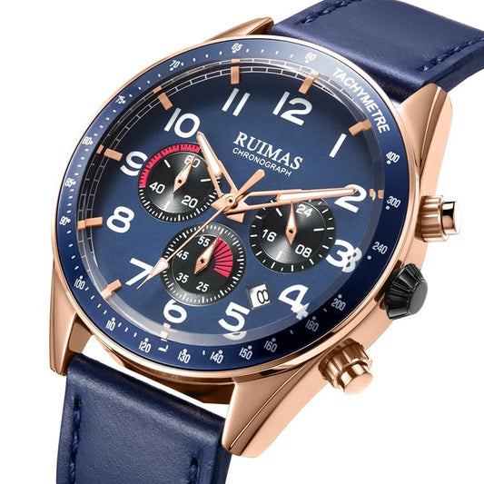 RUIMAS Luxury Chronograph Men's Watch: Fashion Leather, Military Sports, Luminous Dial, Auto Date