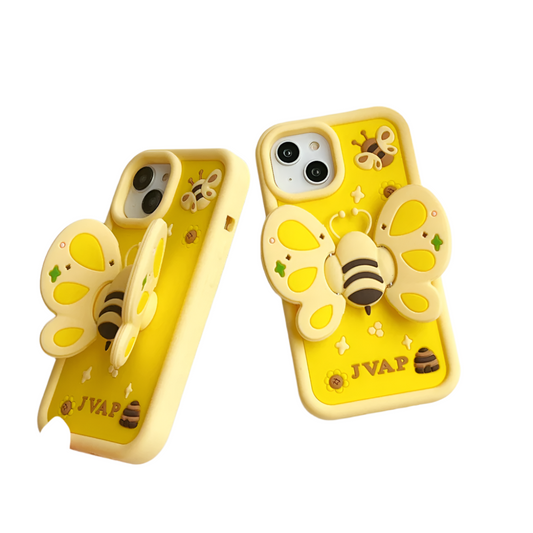 Lovely 3D Bee with Wings Holder Silicone Case for iPhone 11-14 Pro Max, Fun Cartoon Protective Cover