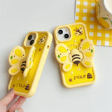 Lovely 3D Bee with Wings Holder Silicone Case for iPhone 11-14 Pro Max, Fun Cartoon Protective Cover