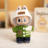 Labubu V1/V2 Party Outfit Set – 17cm Plush Doll Clothes with Bear Label Sweater, Jean Shorts, Scarf & Hat Accessories