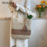 Stylish Summer Woven Tote For Women: Contrast Color with Tassels, Perfect for Beach or Travel