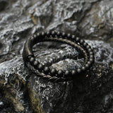 Men's Genuine Leather Braided Bracelet – Black Stainless Steel Magnetic Clasp with Natural Matte Stone Beads | Stylish Bangle Jewelry