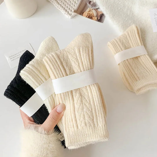 3 Pairs of Cashmere Wool Socks Set for Women: Winter-Thick, Warm in Black and White, Solid Color