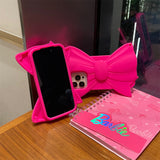 Lovely 3D Rose Large Bow and Wrist Strap Silicone Phone Case for iPhone 11, 12, 13, 14 Pro Max