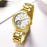 MEGIR Elegant Gold Women's Watch with Large Dial and Stainless Steel Bracelet, Automatic Mechanical Movement for Business