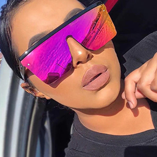 Luxurious Square Sunglasses for Women: Big Frame with Red and Purple Mirrored Lenses, providing UV400 Protection