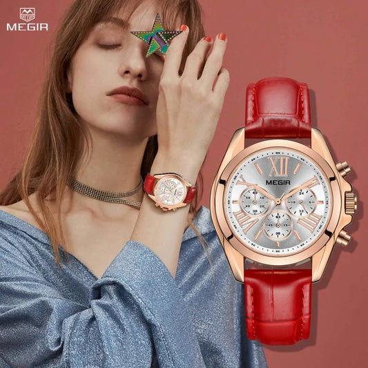 MEGIR Women's Luxury Watch: Elegant Leather Wristwatch, Waterproof Quartz,