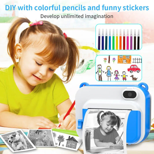 Children's Instant Print Camera: Digital Video Camera with Built-in Thermal Printer, Doesn't Require Ink, Selfie Functionality