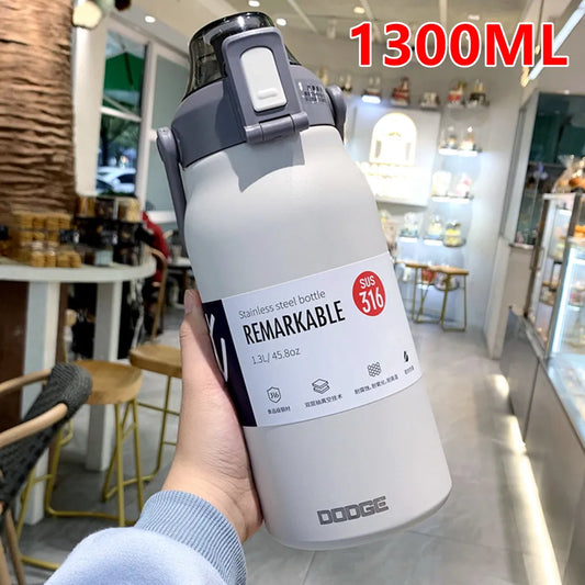 1300ML Water Thermal Bottle: Stainless Steel Thermos with Straw, Keeps Beverages Cold and Hot