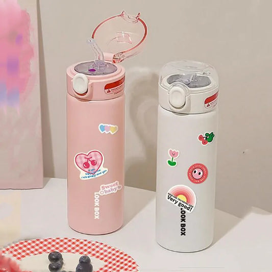 380ml Stylish Stainless Steel Vacuum Flask with Straw, Portable Cute Thermos Mug, Travel Thermal Water Bottle Tumbler Thermocup