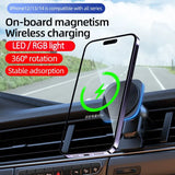 Magnetic Car Phone Holder with RGB Lighting: Wireless 30W Charger for iPhone 14, 13, 12 Pro Max - Fast Charging with Macsafe Compatibility