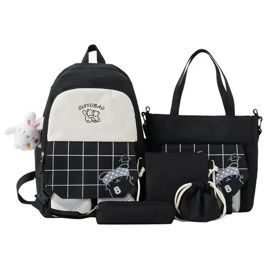 Set of 6 Cute Children's School Bags: Black and White Plaid Design, Including Handbag and Pencil Bag, Perfect for Kid Girls