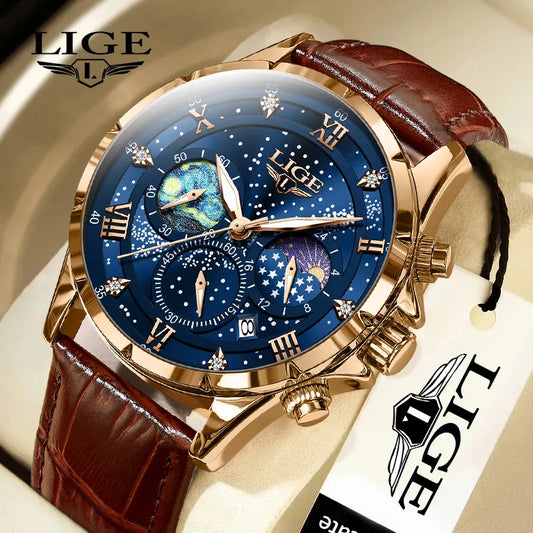 LIGE Men's Casual Sport Watch: Luxury, Waterproof, Luminous Chronograph, Quartz Movement with Leather Strap