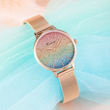 Gradient Color Glitter Women's Simple Mesh Belt Fashion Quartz Watch - Gold Stainless Steel