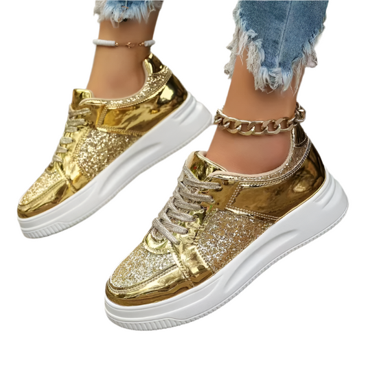 Elegant Gold Sequin Platform Sneakers for Women – Chic Autumn Casual Shoes with Thick Vulcanized Soles