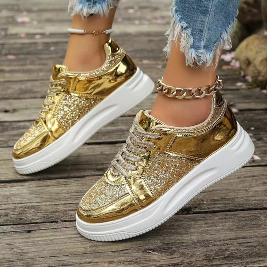 Elegant Gold Sequin Platform Sneakers for Women – Chic Autumn Casual Shoes with Thick Vulcanized Soles