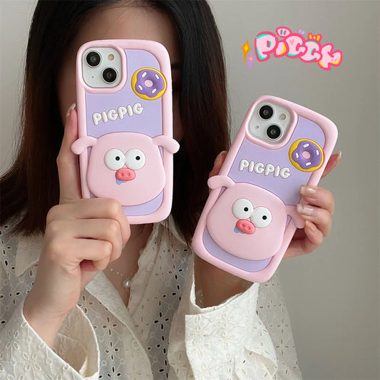 Adorable 3D Pink Pig with Donut Silicone Case for iPhone 7/8 Plus to 14 Pro Max, Creative Cartoon Design