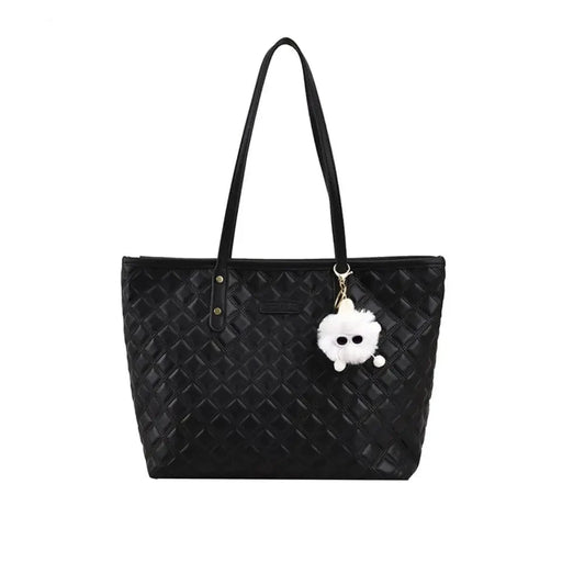 Women's PU shoulder bag with diamond lattice pattern, pendant detail, versatile for tote or shoulder wear