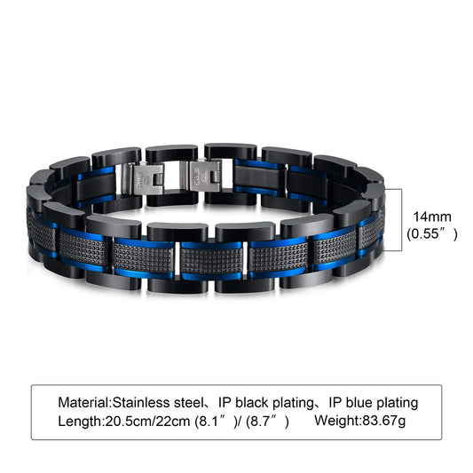 Men's 14mm Luxury Chain Bracelet – Chunky Bold Punk Wristband with Black Thick Chain & Blue Accents