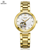 MEGIR Elegant Gold Women's Watch with Large Dial and Stainless Steel Bracelet, Automatic Mechanical Movement for Business