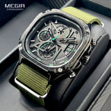 MEGIR Men's Waterproof Black Quartz Watch: Square Dial, Chronograph, Stainless Steel Strap, and Auto Date