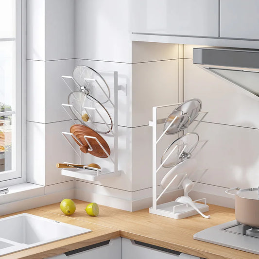 Multifunctional 3-Layer Kitchen Storage Rack: Iron Countertop and Wall-Mounted Shelf with Water Tray and Multi-Layer Pot Lid Rack